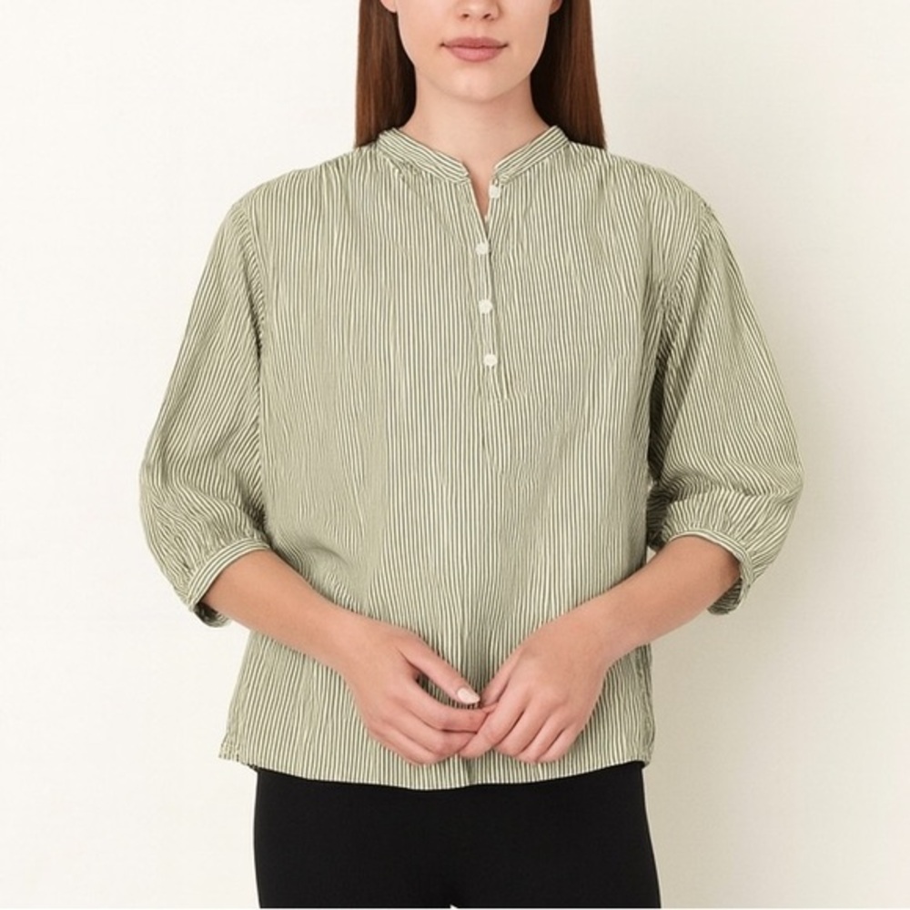 Vanessa Bruno Striped Cotton Blouse Women’s Size 8 Green White Puff Sleeve